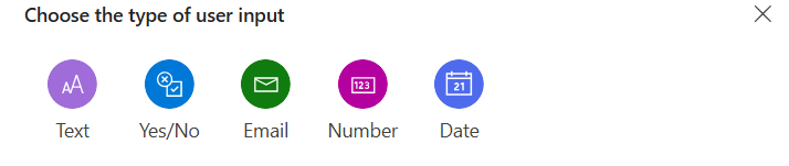 Captura de tela da seleção de tipo de entrada no Copilot Studio.