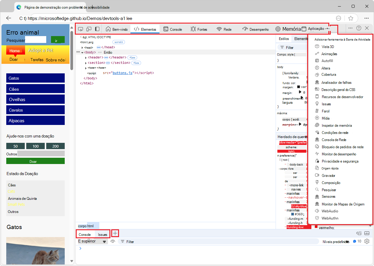 As ferramentas predefinidas, incluindo dois ícones e oito separadores na Barra de Atividade