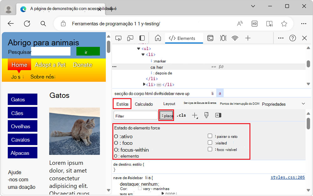 A ferramenta de simulação de estado a mostrar todas as opções