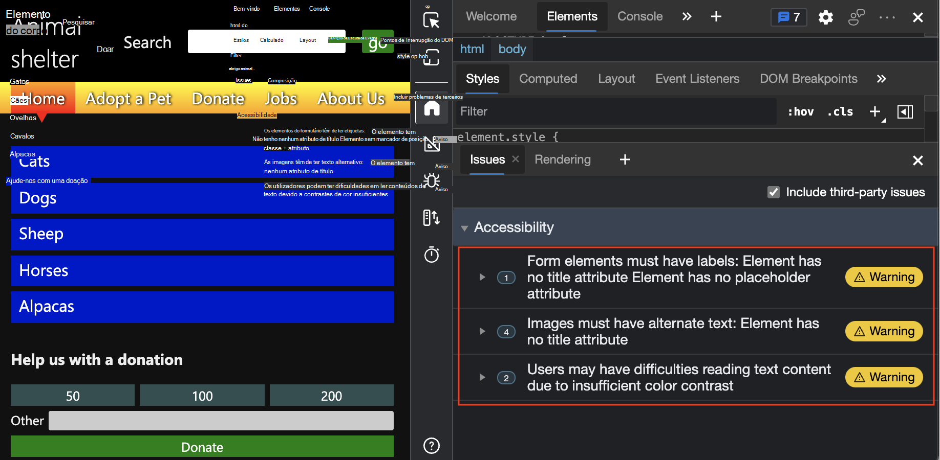 Avisos de acessibilidade apresentados na ferramenta Problemas