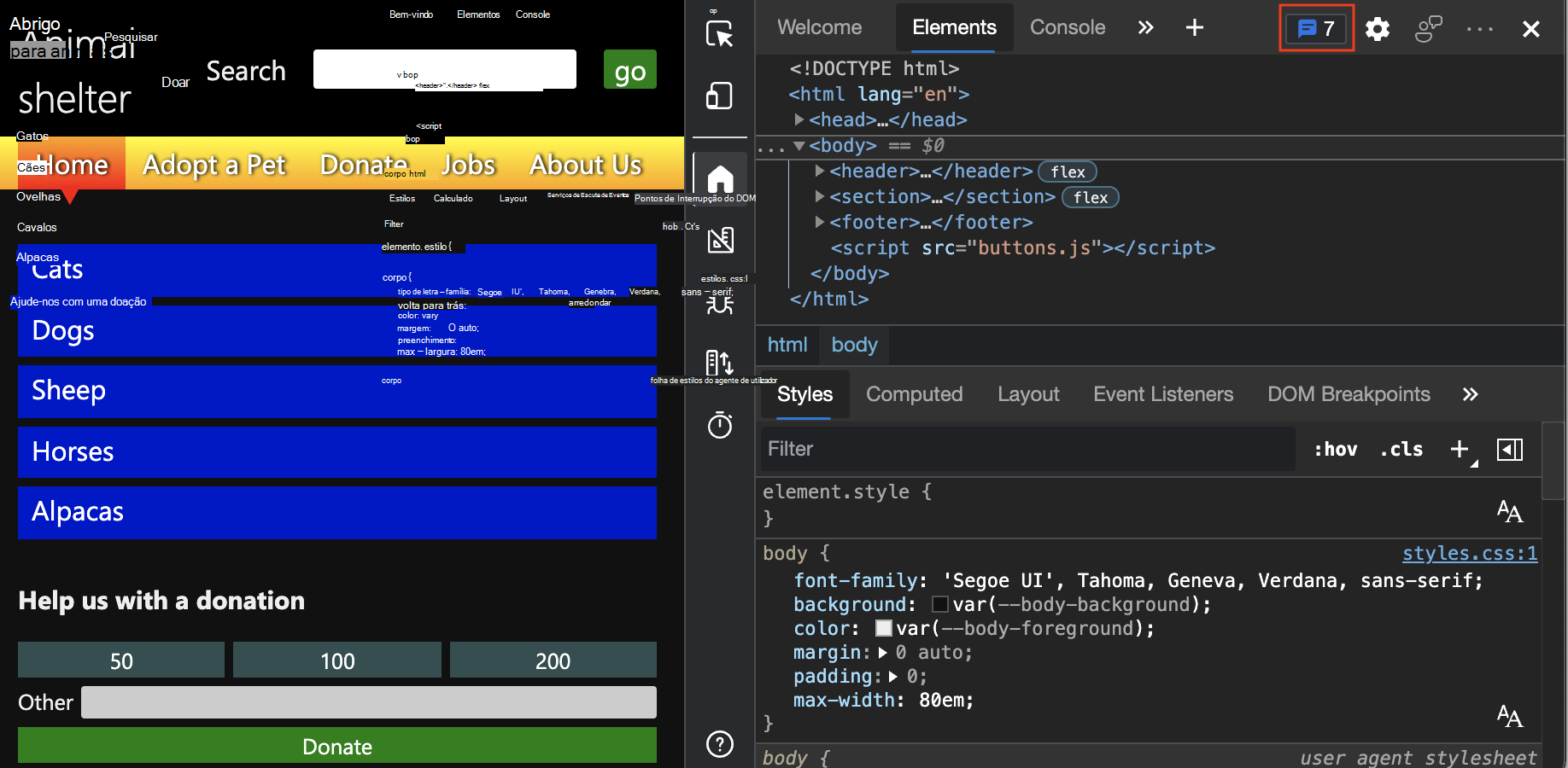 O contador Problemas em DevTools, que indica quantos problemas existem no documento atual