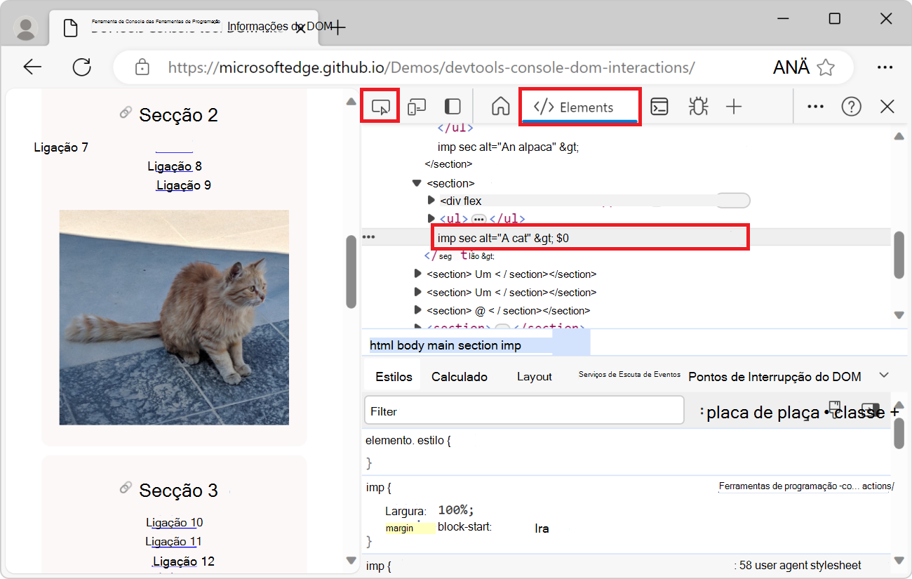A ferramenta Elementos, com o elemento de imagem selecionado