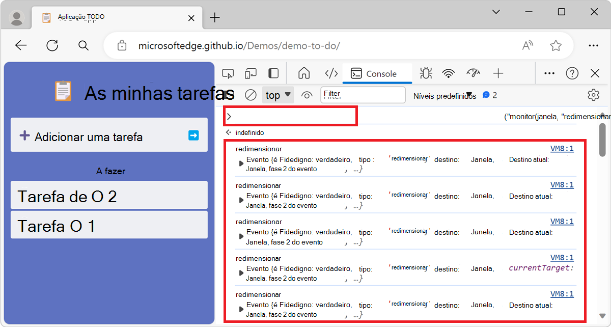 Eventos de redimensionamento da janela de monitorização