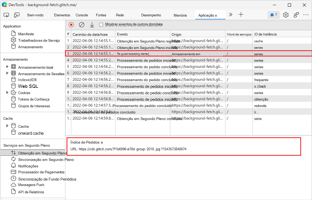 Ver os detalhes de um evento no painel Obtenção em Segundo Plano