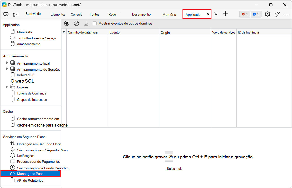 Abrir o painel Mensagens Push