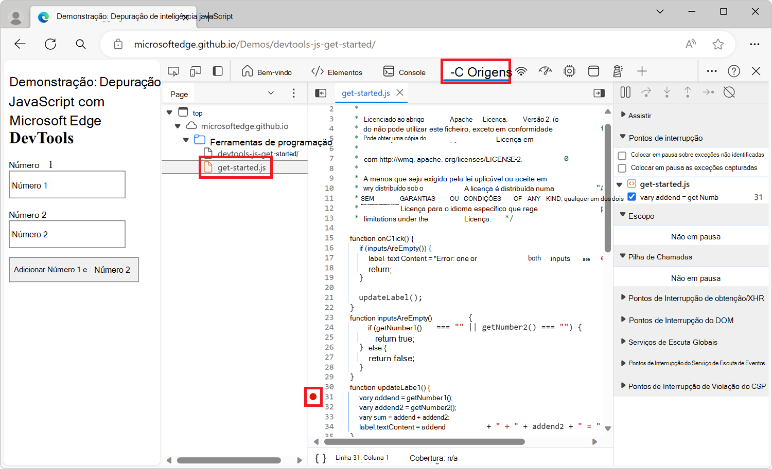 Um ponto de interrupção de linha de código