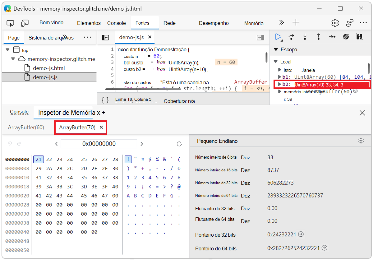 Dois separadores ArrayBuffer abertos no painel Inspetor de memória