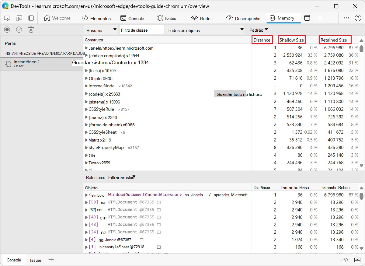 As colunas Distância, Tamanho Raso e Tamanho Retido na ferramenta Memória