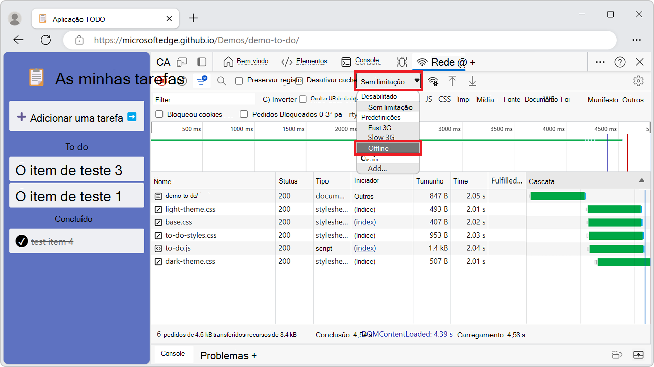 O menu pendente Offline