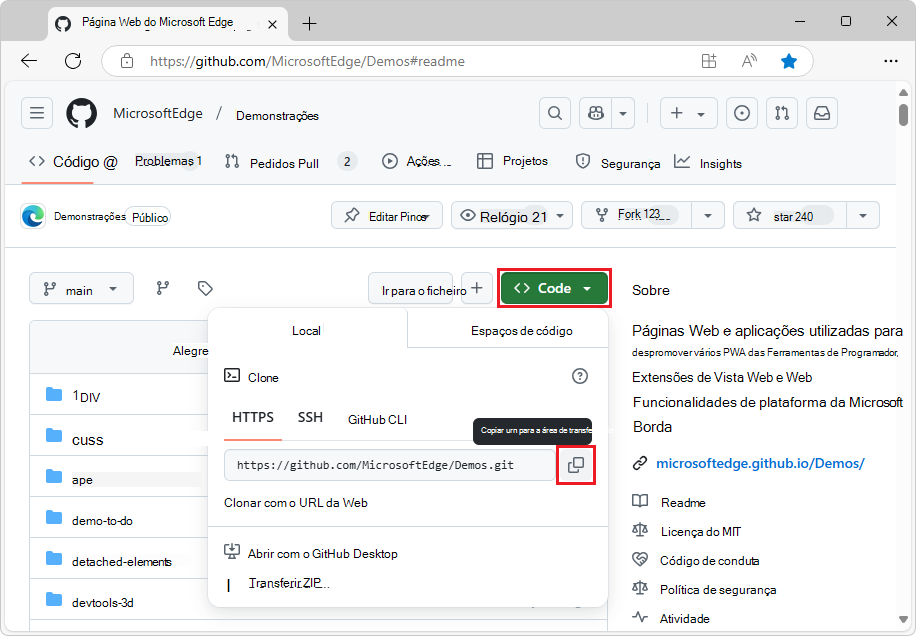 O botão Código do repositório Demos para obter o URL da Web