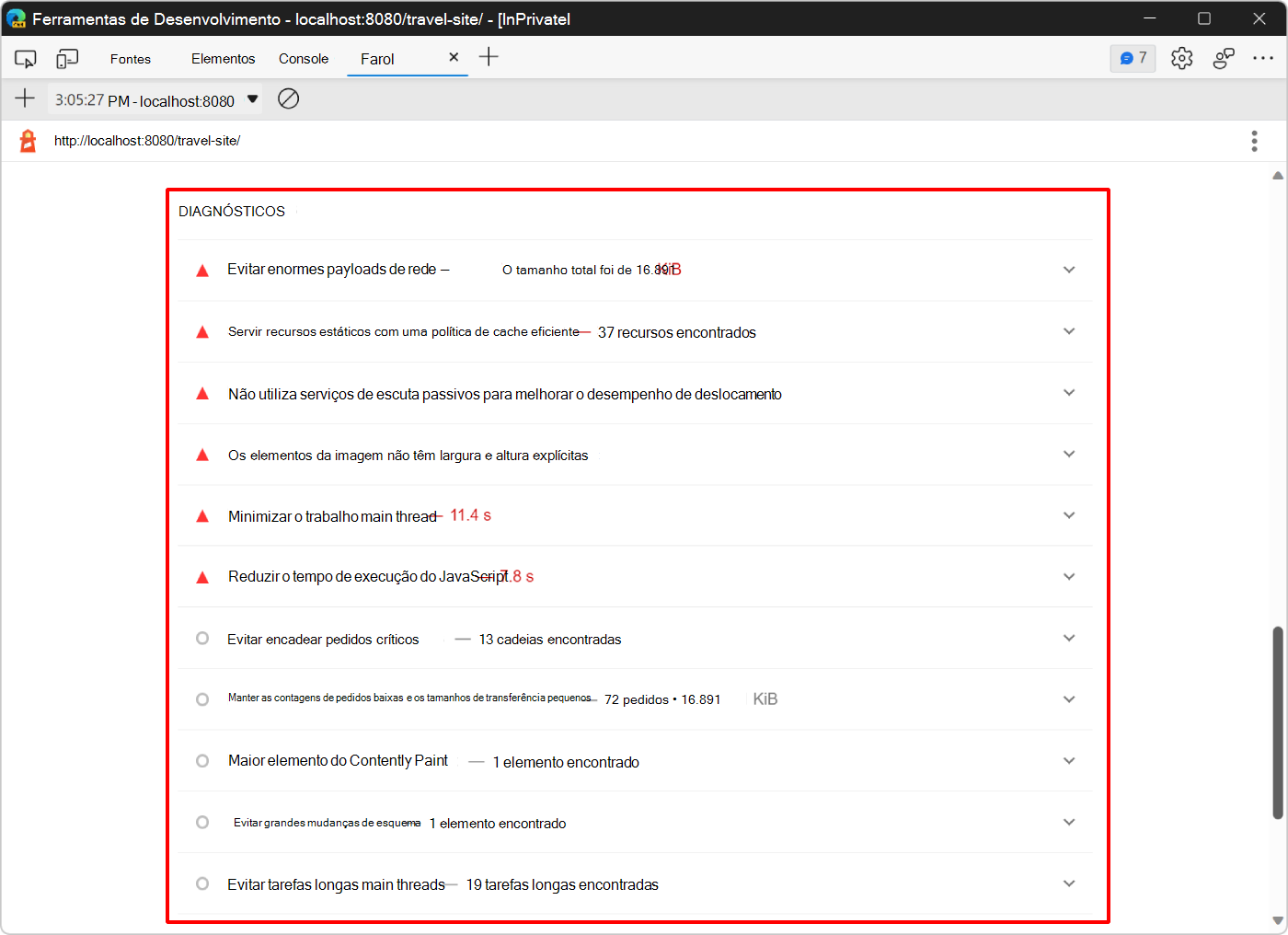 A secção Diagnóstico