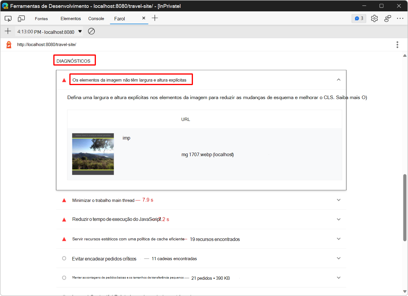 A secção do Lighthouse diagnóstico sobre a definição da largura e altura explícitas das imagens