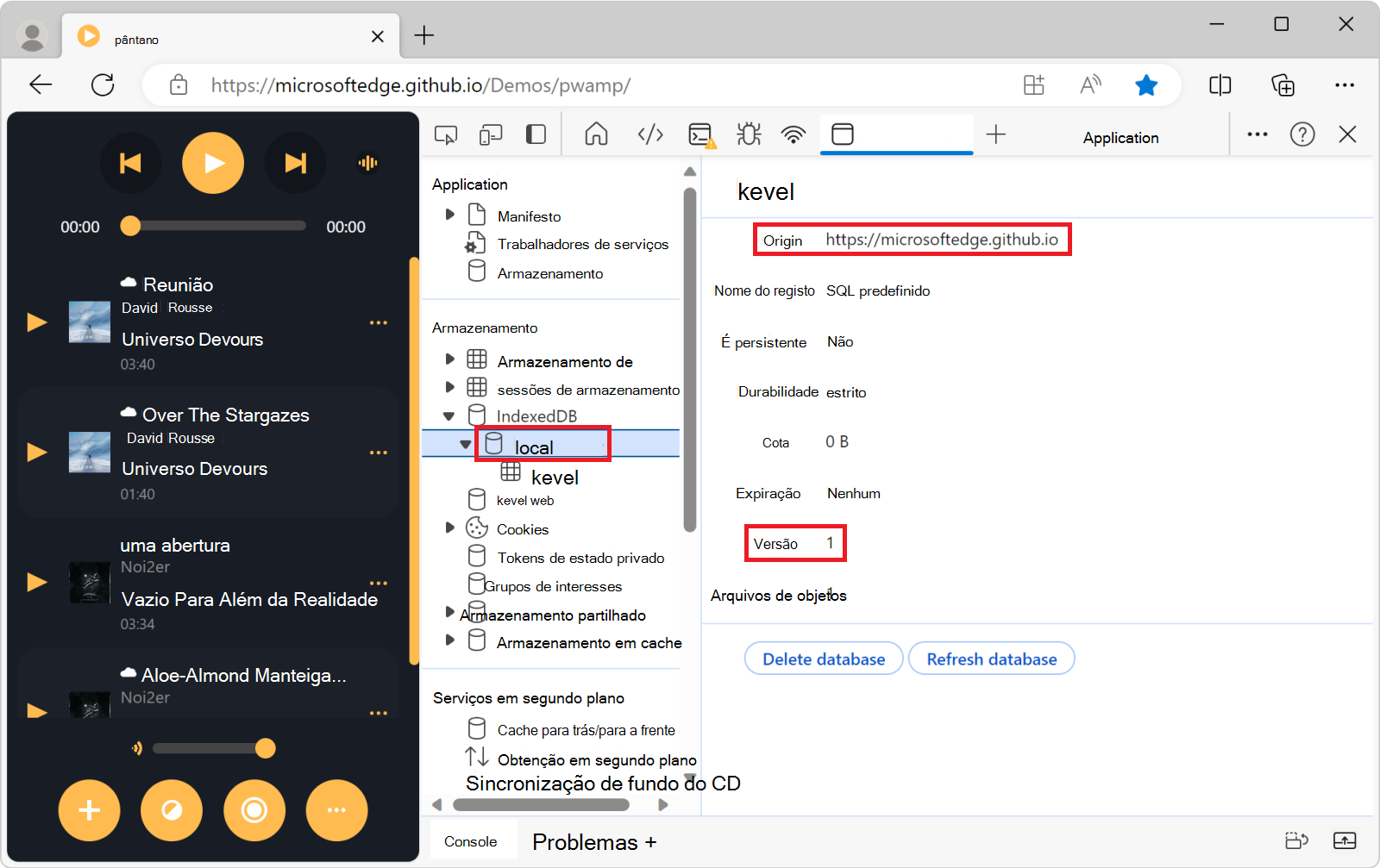 Informações sobre a base de dados keyval-store, na ferramenta Aplicação