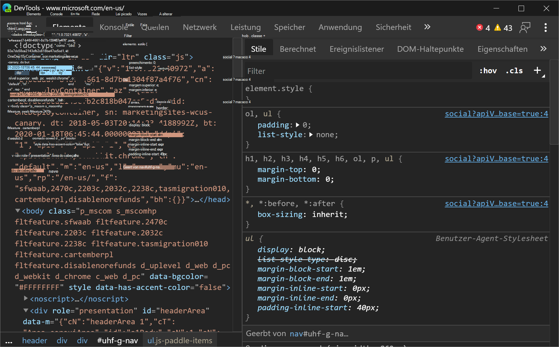 As DevTools em alemão
