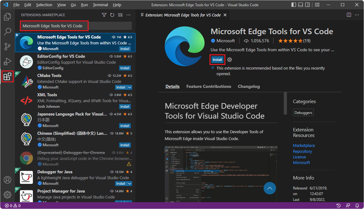 Instalar a extensão DevTools do Microsoft Edge para Visual Studio Code