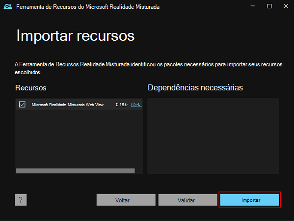 O painel Importar Funcionalidades na Ferramenta de Funcionalidades do Realidade Misturada