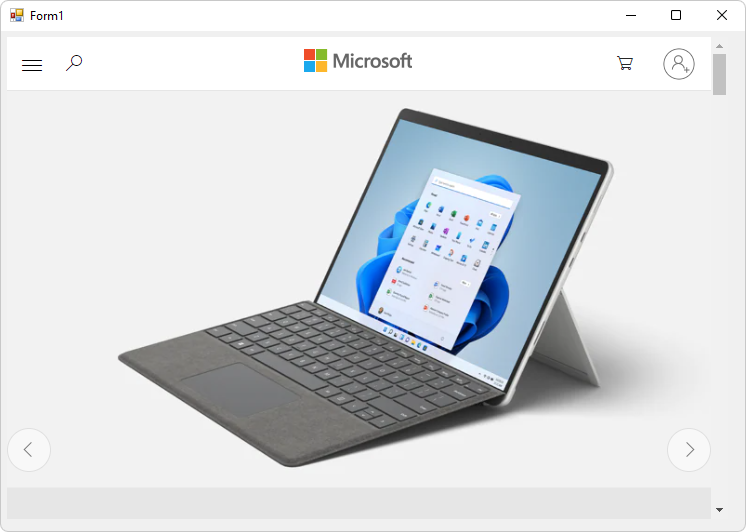 A aplicação de exemplo apresenta o site da Microsoft