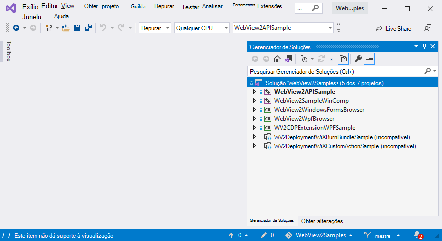 Gerenciador de Soluções para o repositório WebView2Samples, que mostra os exemplos do WebView2 como projetos