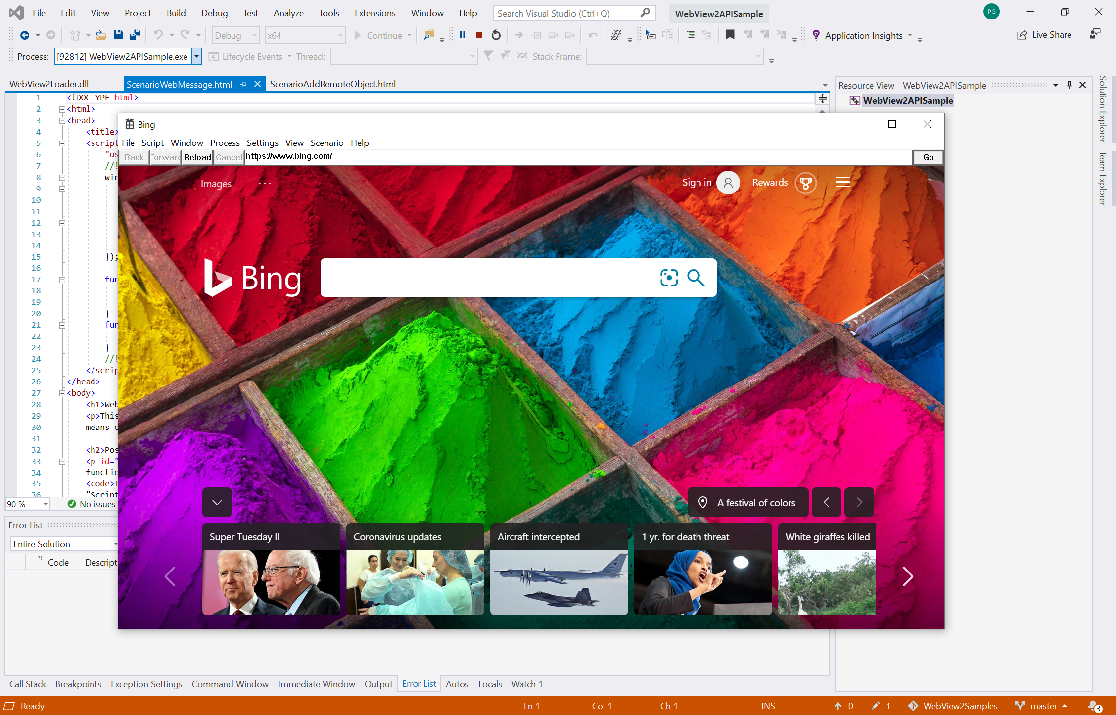 WebView2API Sample app (Aplicação de exemplo WebView2API)