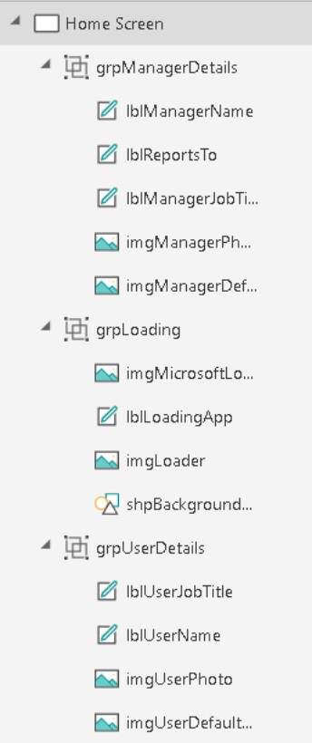 Captura de tela da exibição de navegação mostrando os nomes de controle seguindo o padrão
