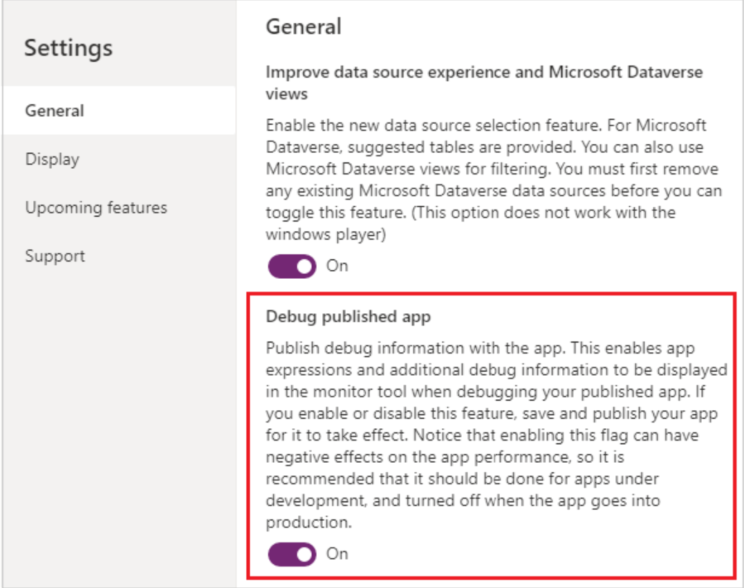 Uma captura de tela do Power Apps mostrando que a opção Depurar aplicativo publicado está ativada