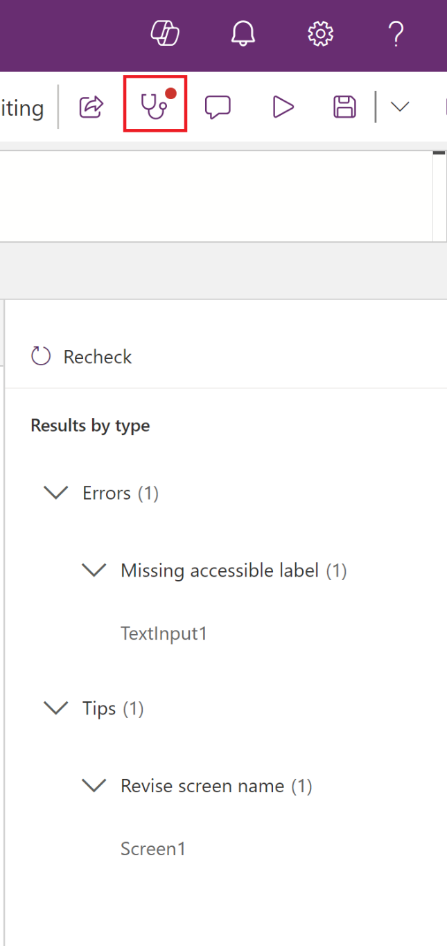 Uma captura de tela do Power Apps mostrando o ícone do Verificador de Aplicativo destacado