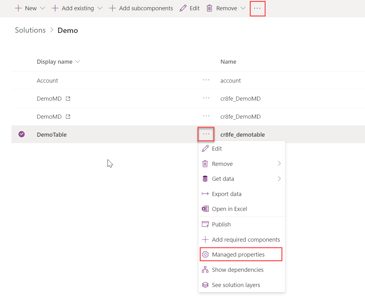 Selecionando propriedades gerenciadas