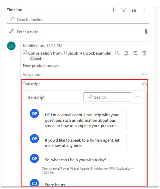 Exibição de transcrição da conversa.