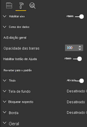 Captura de tela do painel Visualizações do Power BI, que mostra a nova opção Habilitar Botão de Ajuda.