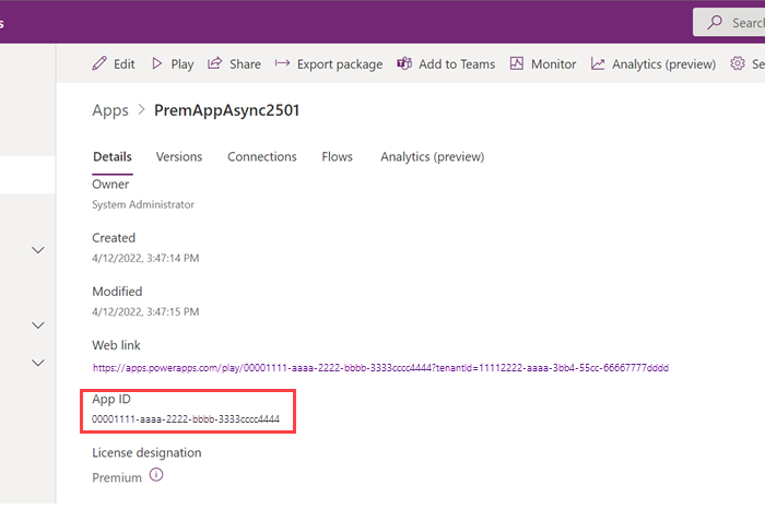 Captura de tela que mostra o AppName para um aplicativo de tela pode ser encontrado na página de detalhes do aplicativo de tela.