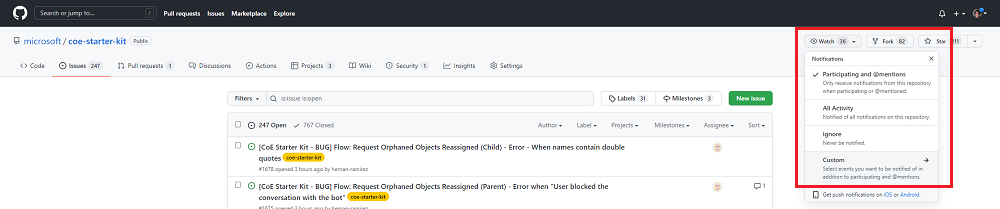Captura de tela mostrando como selecionar para assistir ao repositório para receber notificações sobre novas versões.
