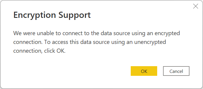 Captura de tela da caixa de diálogo de suporte à criptografia, enfatizando que não foi possível fazer uma conexão e perguntando se uma conexão não criptografada deve ser usada.