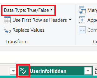 Captura de tela da mesma coluna com o tipo booleano explicitamente definido.