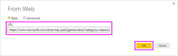 Captura de tela da caixa de diálogo de conexão da Web com a URL da Microsoft Store destacada.