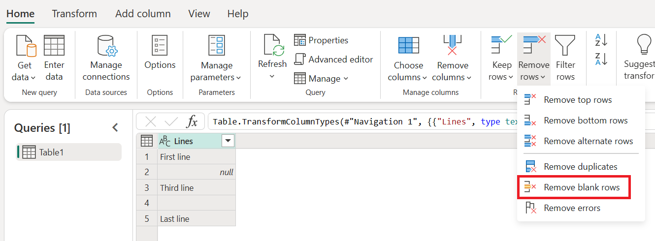 Captura de tela do menu Remover linhas na guia Página Inicial com ênfase em Remover linhas em branco.