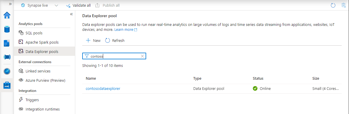 Nova lista de pools do Data Explorer do Synapse Studio