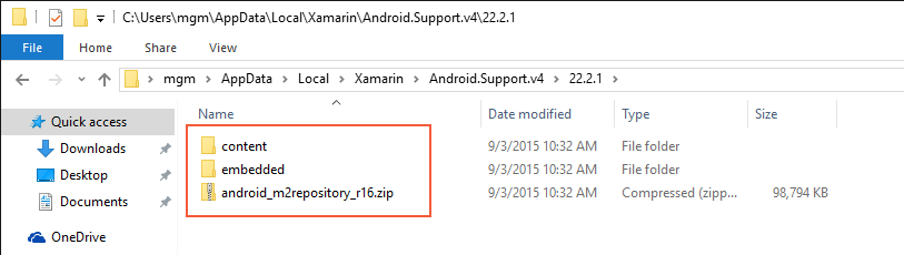 Exemplo de conteúdo da pasta da biblioteca de suporte 22.2.1