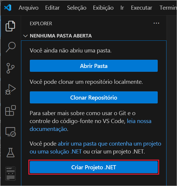 Captura de tela da seleção de Criar projeto .NET.