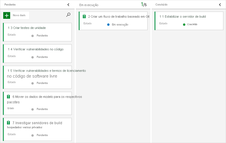 Uma captura de tela do Azure Boards que mostra o item de trabalho na coluna Em execução.