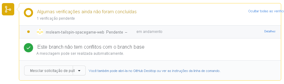 Captura de tela do GitHub mostrando verificações de build em execução no Azure Pipelines.