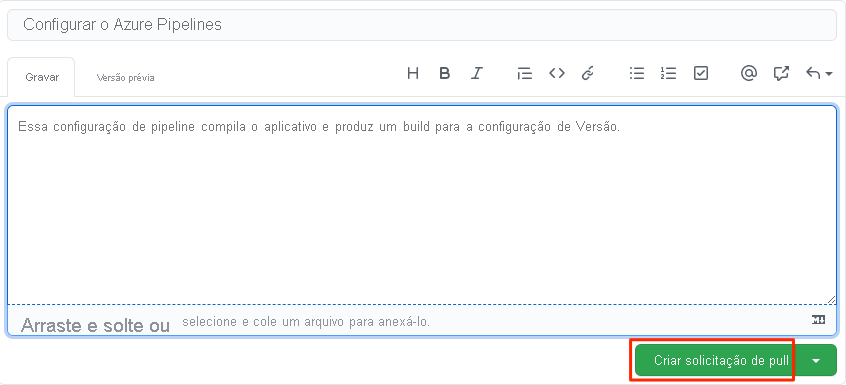 Captura de tela do GitHub mostrando a descrição da solicitação de pull e o local do botão Criar solicitação de pull.