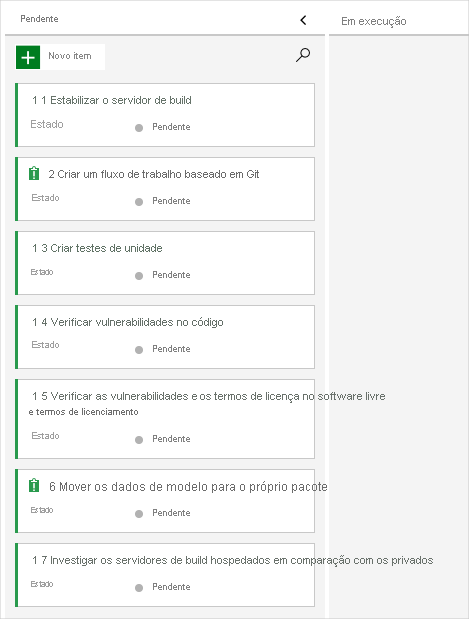 Uma captura de tela do Azure Boards que mostra uma lista de pendências de problemas.