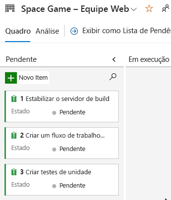 Captura de tela do Azure Boards mostrando as três tarefas iniciais.