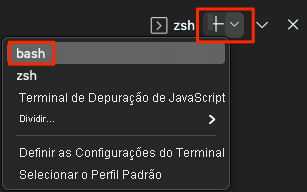 Uma captura de tela do Visual Studio Code que mostra a localização do shell do Bash.