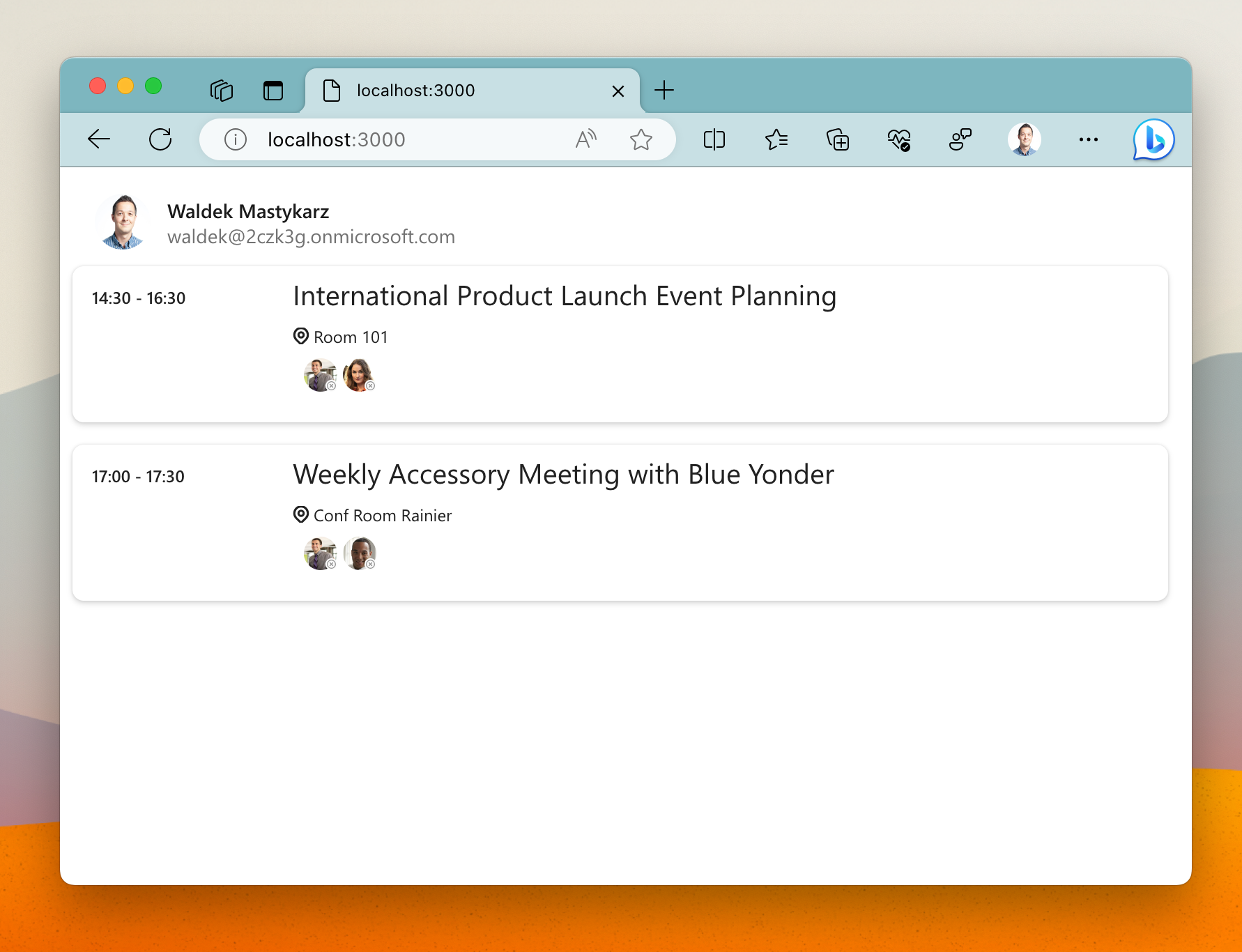 O resultado final no Microsoft Graph Toolkit.
