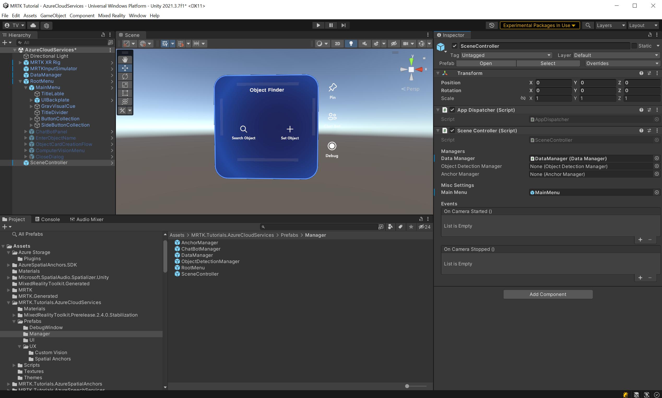 Captura de tela do Unity com SceneController configurado.
