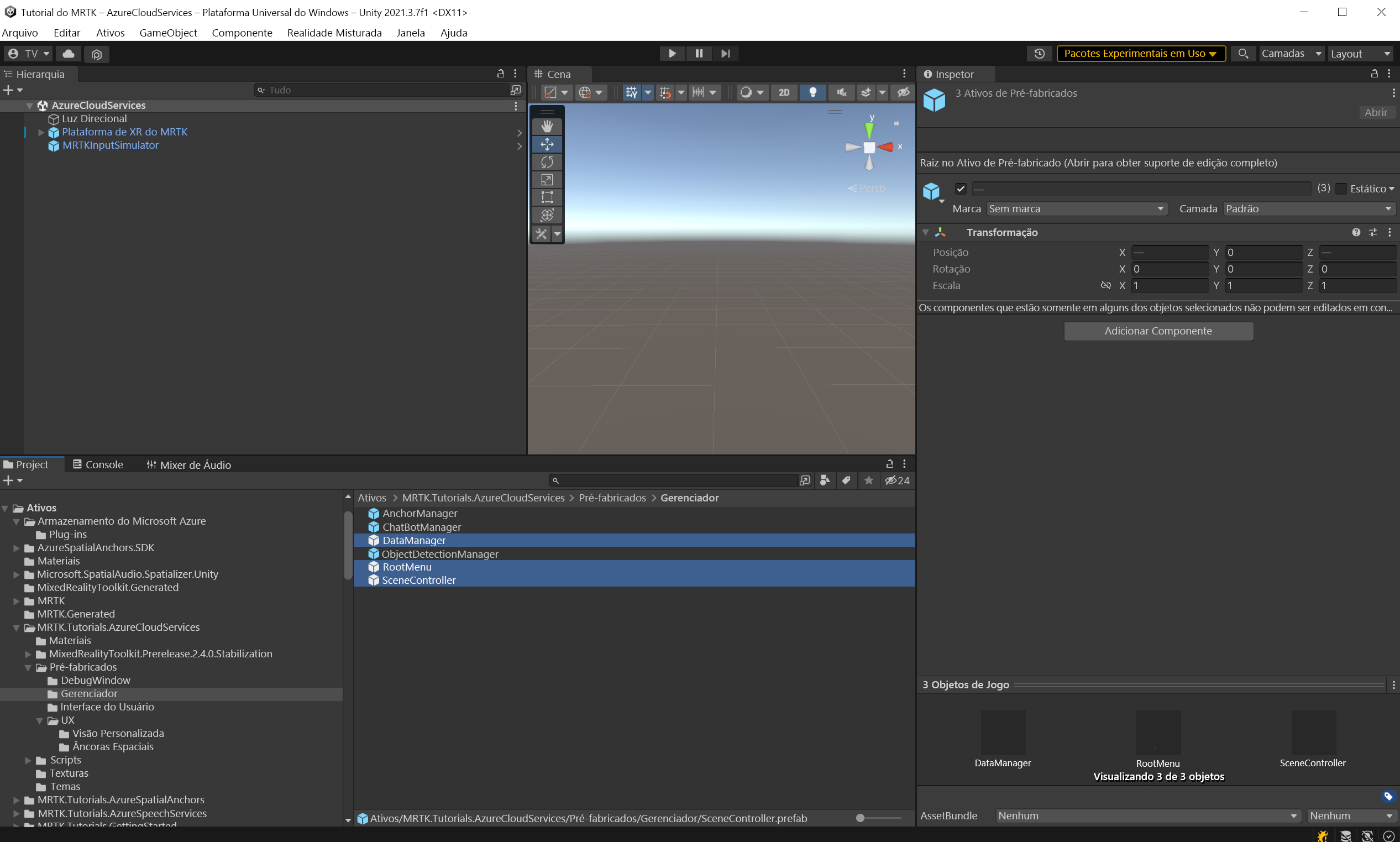 Captura de tela do Unity com prefabs SceneController, RootMenu e DataManager selecionados.