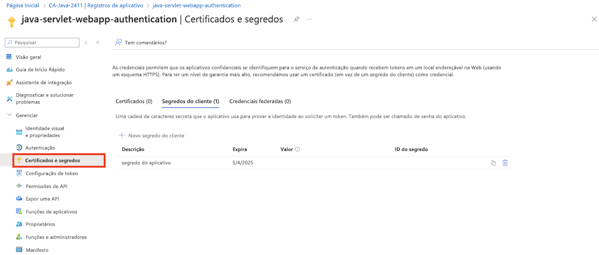 Captura de tela realçando o painel de certificados e segredos de&nbsp;um aplicativo registrado com o Microsoft Entra ID no portal do Azure