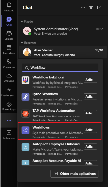 Captura de tela mostrando o aplicativo Workflows, se ele ainda não tiver sido adicionado.