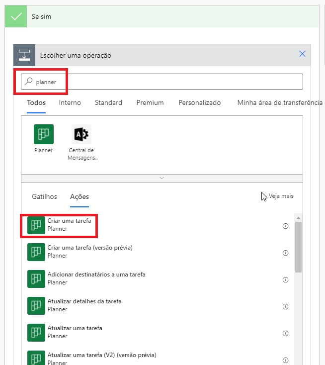 Captura de tela da caixa de diálogo Escolher uma operação com os resultados da pesquisa do planner.